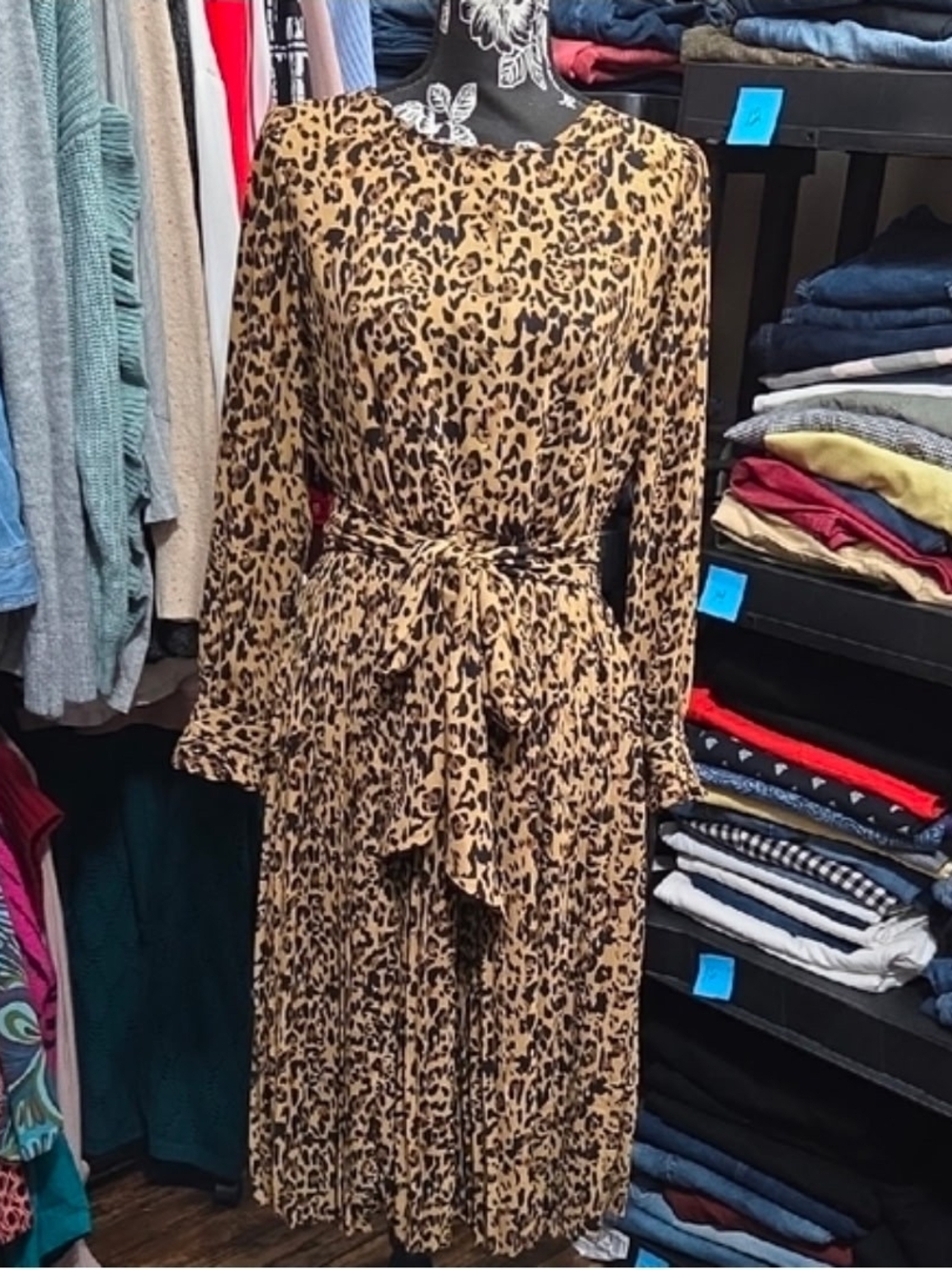 J. Crew Leopard Print Long Sleeve Midi Dress in Tan and Black
